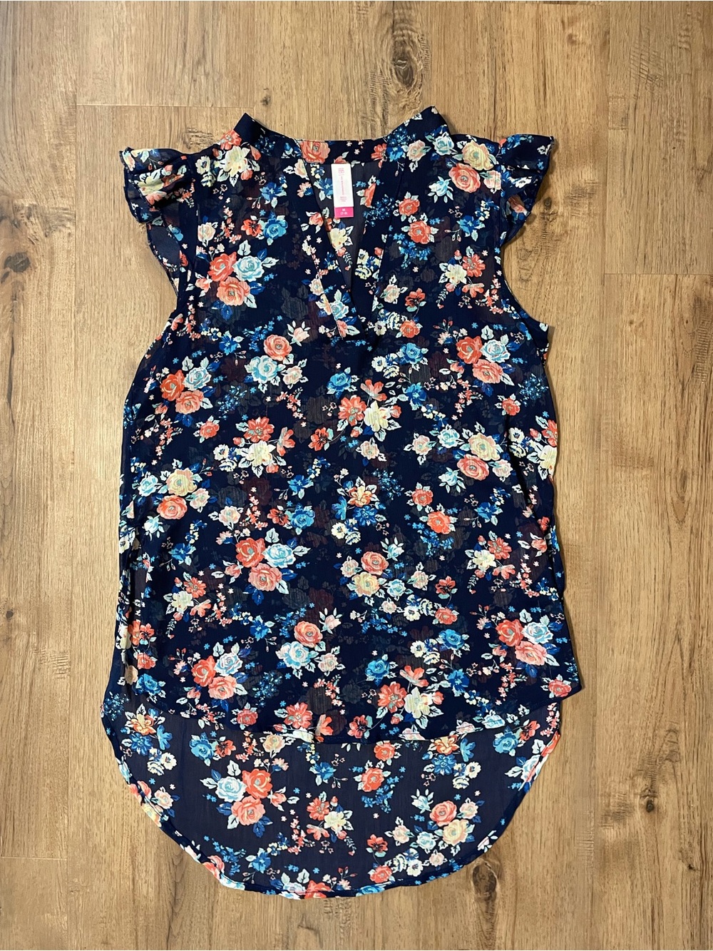 No Boundaries Navy Floral Wrap-Style Blouse with Coral and Light Blue Blooms